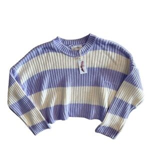 Jessica Simpson Purple White Striped Cropped Knit Sweater Crew Neck Small NWT